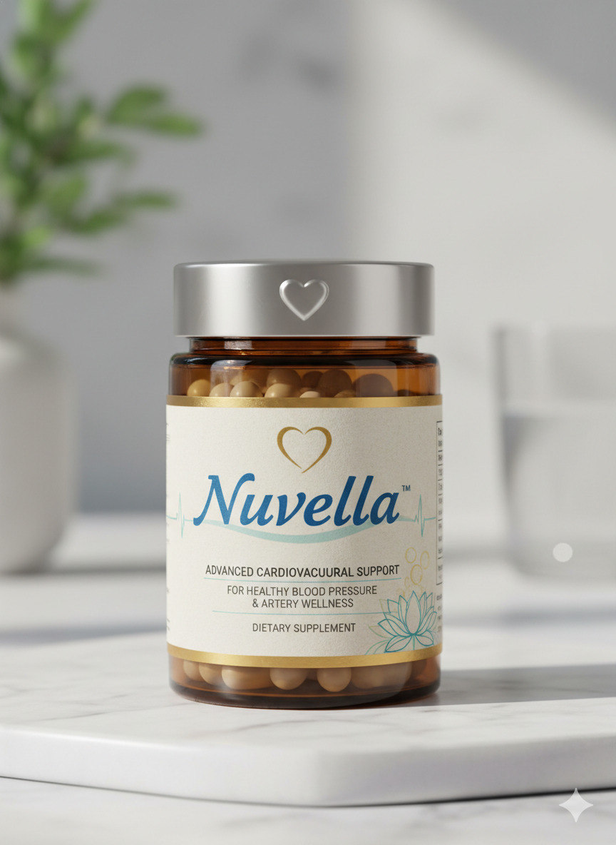 Nuvella food supplement bottle with capsules on a neutral surface